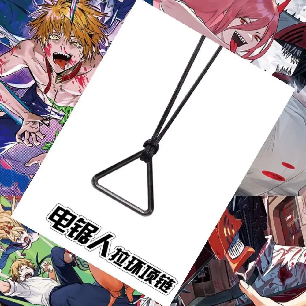 Black triangular pull ring necklace with black cord alloy pendant inspired by chainsaw man power character