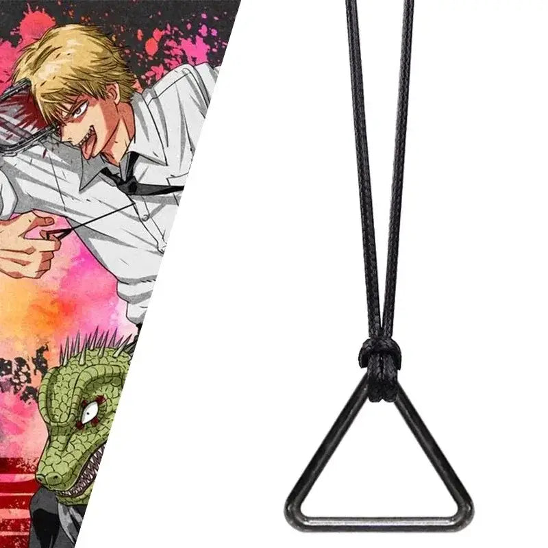 Black triangular metal ring pendant on black cord chainsaw man power pull-ring necklace alloy pendant