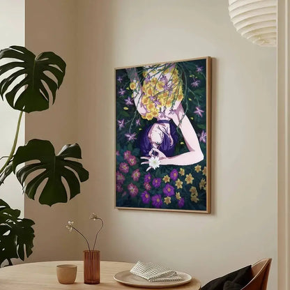 A framed chainsaw man reze arc poster featuring anime art with vibrant purple and yellow flowers in a wooden frame