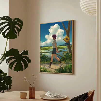 A framed chainsaw man reze arc poster featuring purple-haired character walking in a rural landscape under blue sky