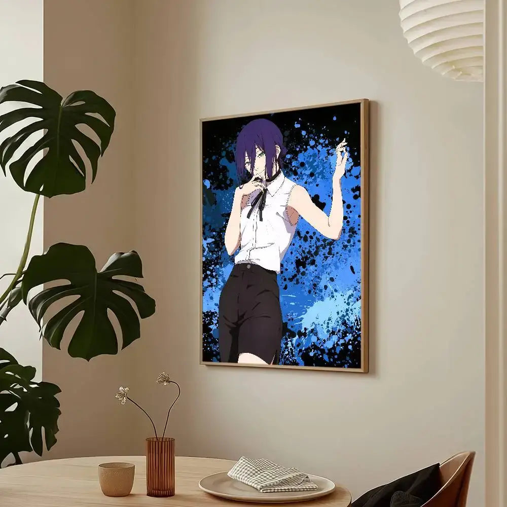 A framed chainsaw man reze arc poster featuring a purple-haired character in white blouse and black shorts on blue background