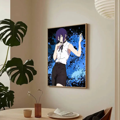 A framed chainsaw man reze arc poster featuring a purple-haired character in white blouse and black shorts on blue background