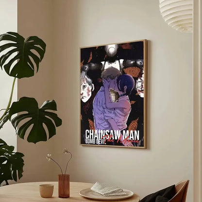 A framed chainsaw man reze arc poster with vibrant purple and black artwork on a dark background waterproof hd art