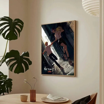 A framed chainsaw man reze arc poster featuring three characters in an urban scene with a light wood frame