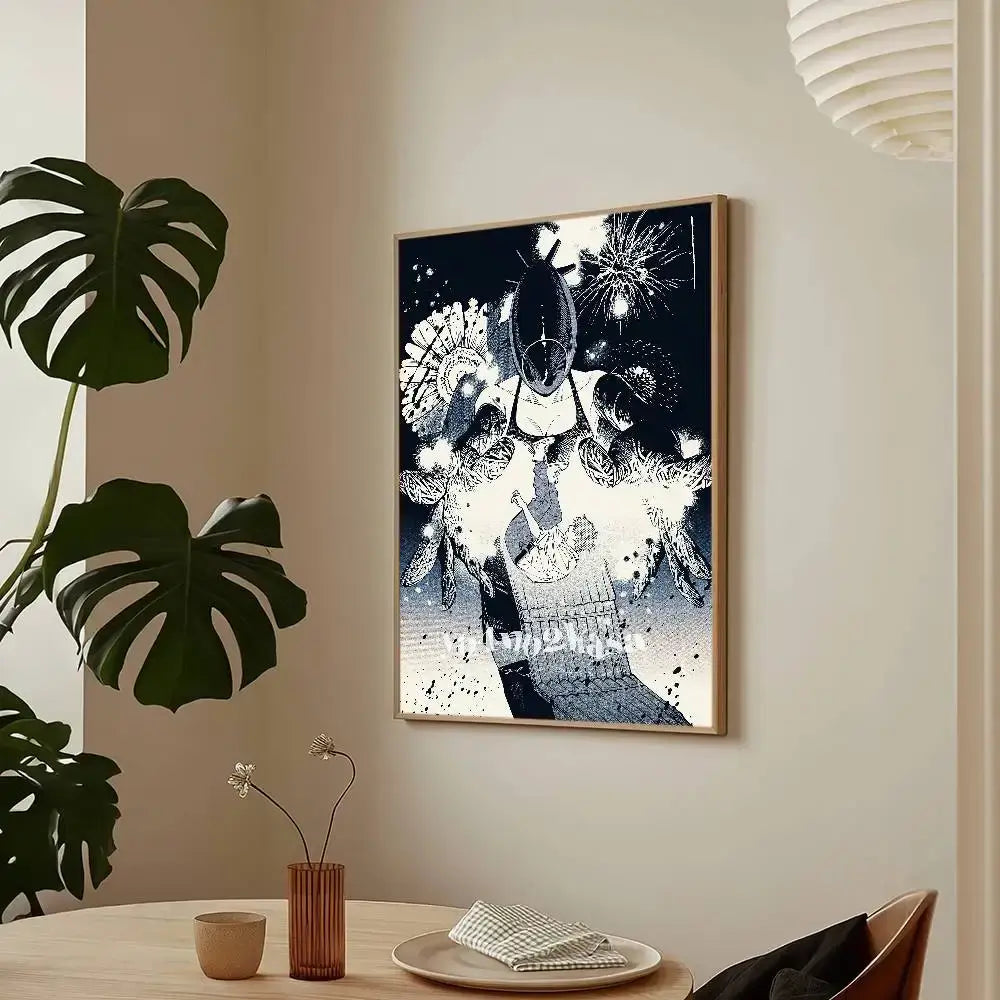 Black and white framed chainsaw man reze arc poster featuring stylized abstract figure with fireworks and floral elements