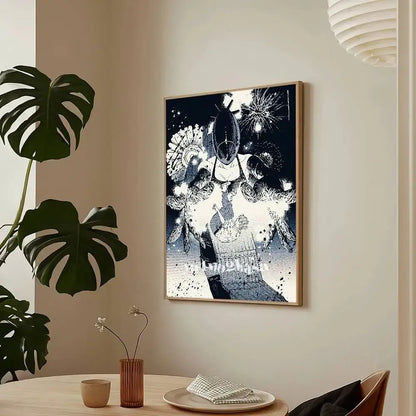 Black and white framed chainsaw man reze arc poster featuring stylized abstract figure with fireworks and floral elements