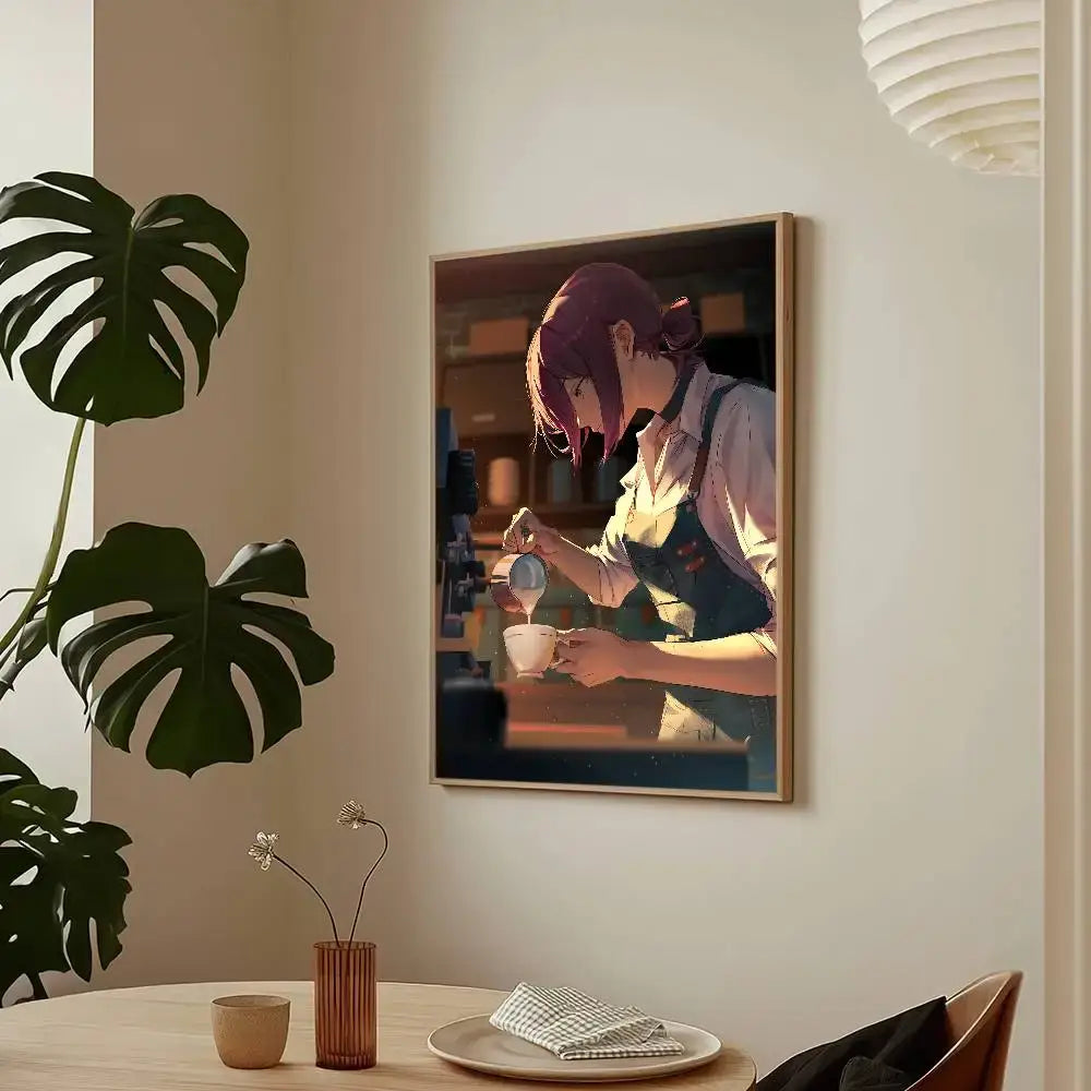 A framed chainsaw man reze arc poster featuring anime-style barista pouring milk into coffee with warm lighting