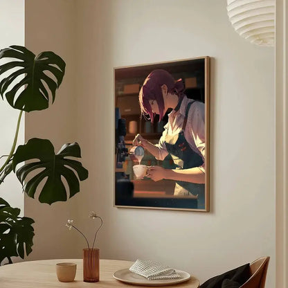 A framed chainsaw man reze arc poster featuring anime-style barista pouring milk into coffee with warm lighting