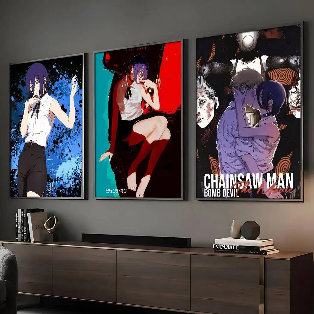 Three framed chainsaw man reze arc posters featuring waterproof hd art displayed above a wooden console table