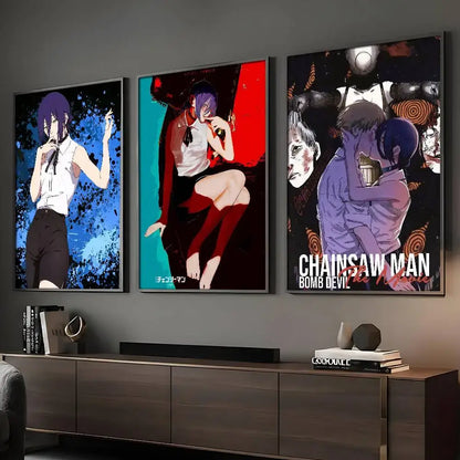 Three framed chainsaw man reze arc posters featuring waterproof hd art displayed above a wooden console table