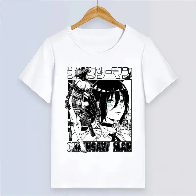 White short-sleeved chainsaw man t-shirt featuring a black and white y2k graphic of characters from the anime chainsaw man