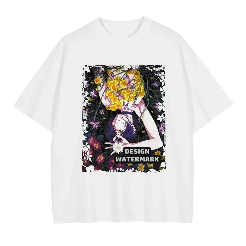 White short-sleeved chainsaw man y2k graphic tee with vibrant anime figure and yellow purple flowers design