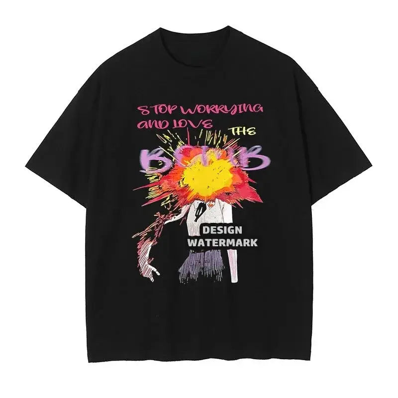 Black oversized chainsaw man t-shirt with y2k vibrant graffiti explosion graphic and stop worrying and love the bomb text