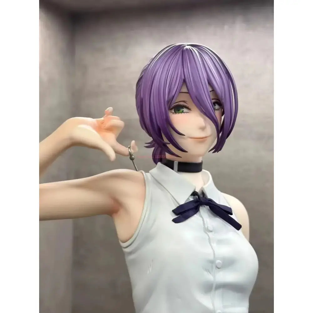 Detailed purple-haired chainsaw man anime figurine with green eyes in durable pvc wearing white blouse and navy bow tie