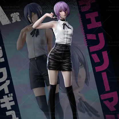 Purple-haired chainsaw man anime figurine in white blouse black bow tie and durable pvc shiny black leather mini skirt