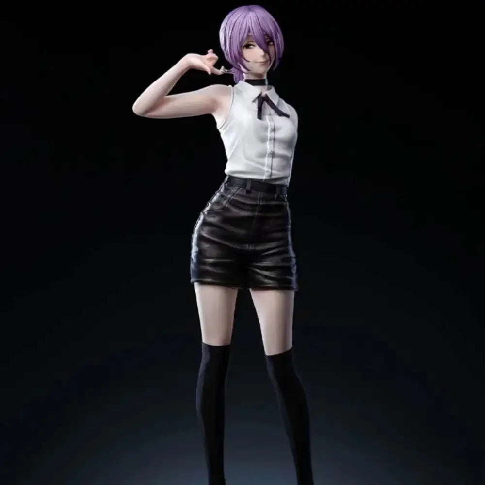 Purple-haired chainsaw man anime figurine in white blouse with black bow tie and durable pvc leather shorts