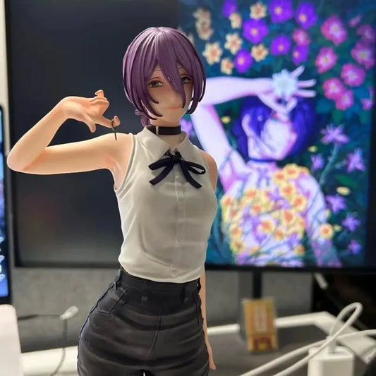 Purple-haired chainsaw man anime figurine wearing white blouse with black bow tie made of durable pvc material