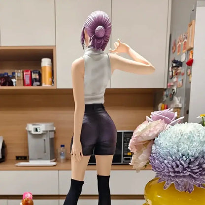 Purple-haired chainsaw man reze pvc statue in gray top and black shorts display piece for desktop collection