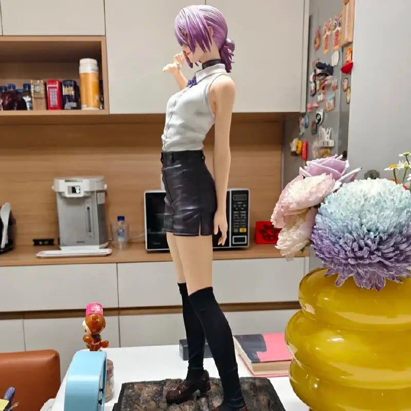 Chainsaw man reze pvc statue with purple hair in white top and black leather shorts as a double-headed display piece