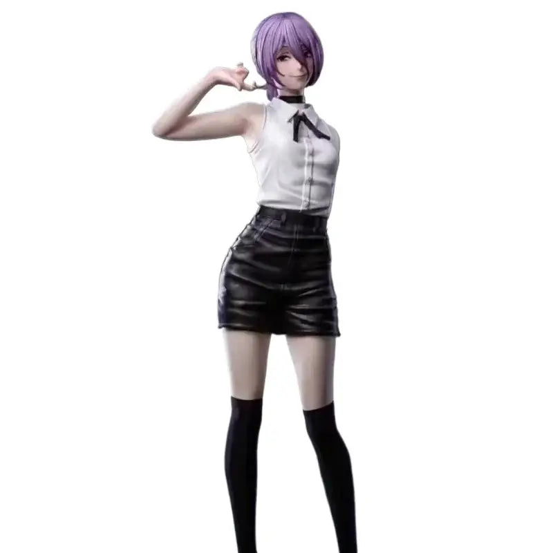 Chainsaw man reze pvc statue featuring purple hair in white blouse and black leather mini skirt display piece