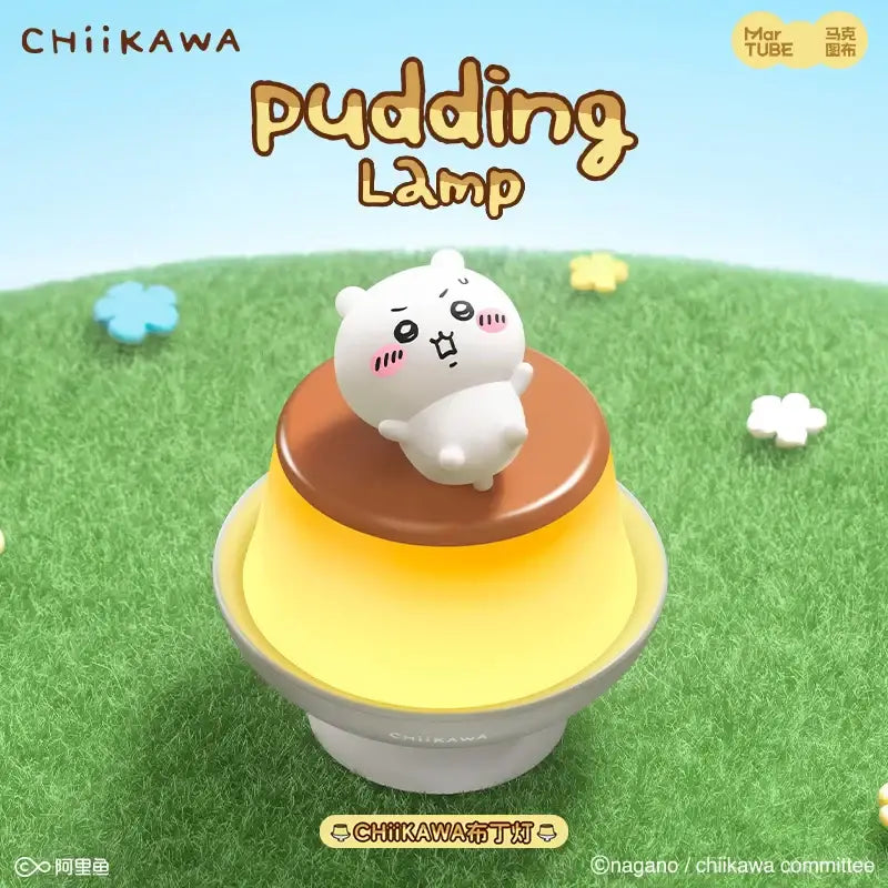 A white plush chiikawa character sits atop a layered pudding led lamp creating a warm bedroom atmosphere light