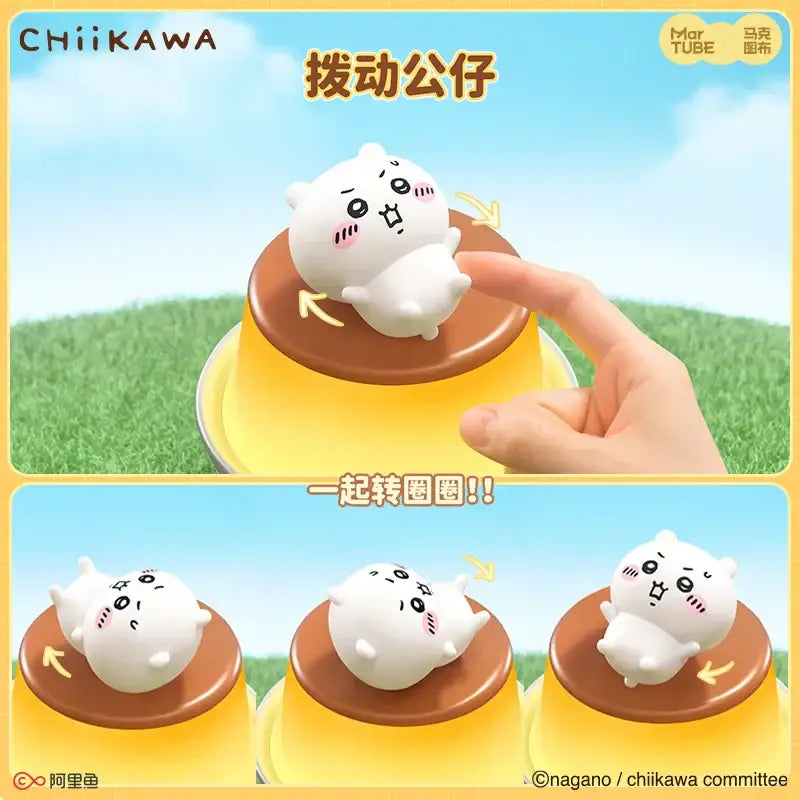 White chiikawa plush toy with pink cheeks and black eyes sits on a brown base atop a yellow dome as a bedroom atmosphere lamp