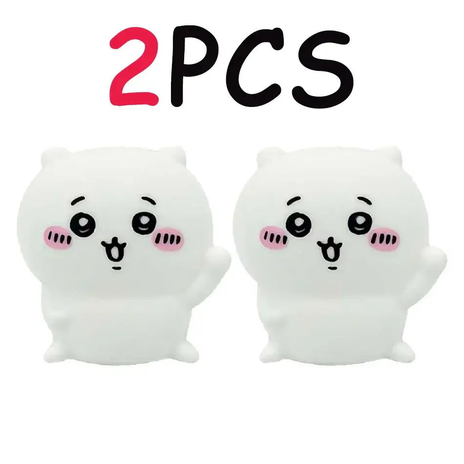 Two white plush chiikawa hachiware usagi cat stress relievers with pink cheeks as led night light bedroom decor