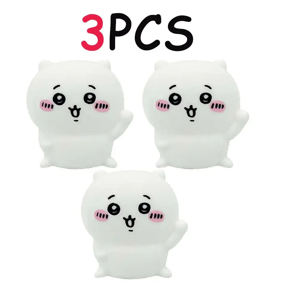 Three white plush cat-shaped squishy toys with pink cheeks as chiikawa hachiware usagi led night light decor
