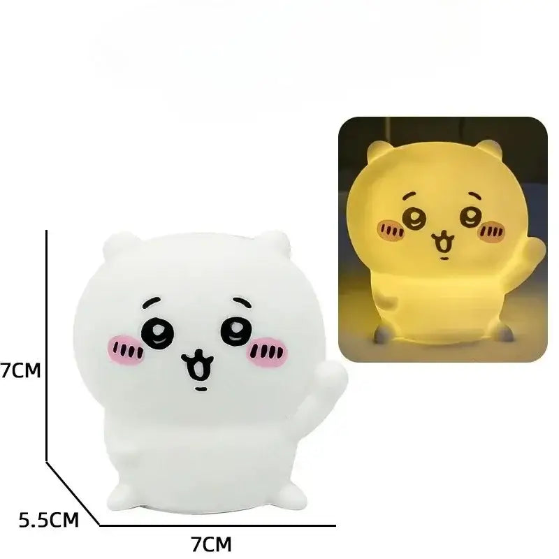 Chiikawa hachiware usagi led night light shaped like a white plush bear with pink cheeks glowing warm yellow