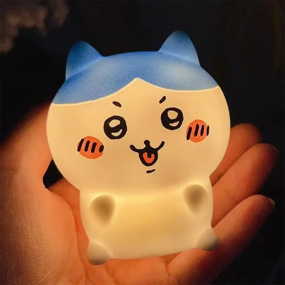 Chiikawa hachiware usagi led night light glowing soft blue and cream cat shape with embroidered orange cheeks for bedroom decor