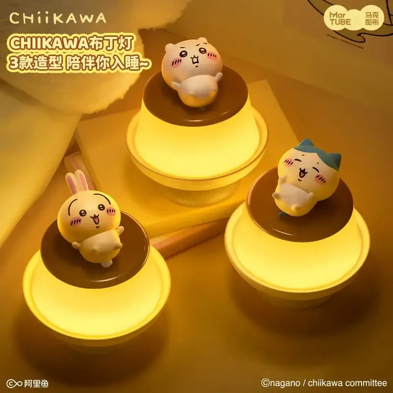 Cute chiikawa hachiware and usagi pudding lamp nightlight with soft yellow ambient light and plush-like figurines on top