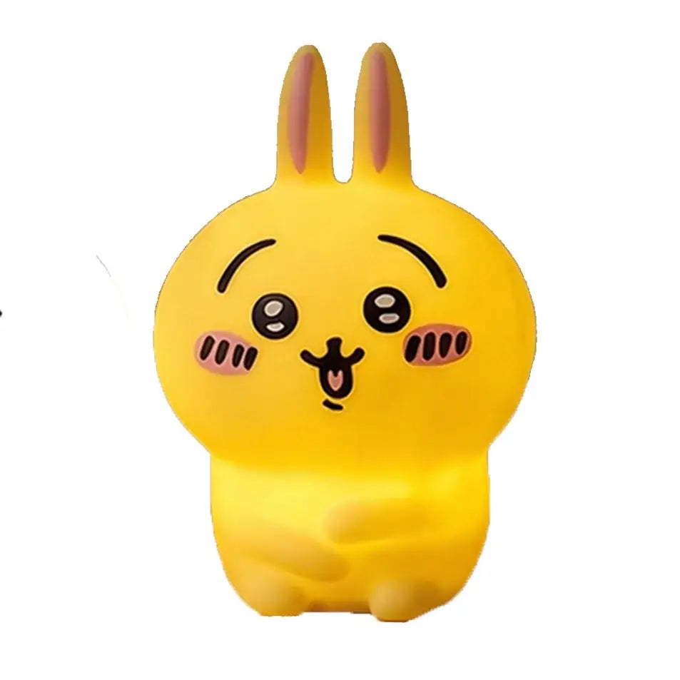 Yellow plush chiikawa hachiware usagi vinyl doll night light with pink ears and cheeks and smiling face luminous design