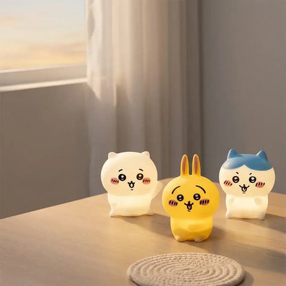 Three cute chiikawa hachiware usagi vinyl doll night lights in white yellow and blue with luminous glow