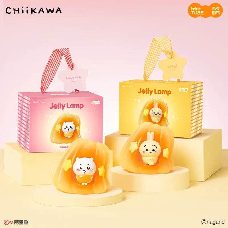 Cute orange jelly-shaped led night lamp with plush white chiikawa usagi character inside for cozy atmosphere lighting