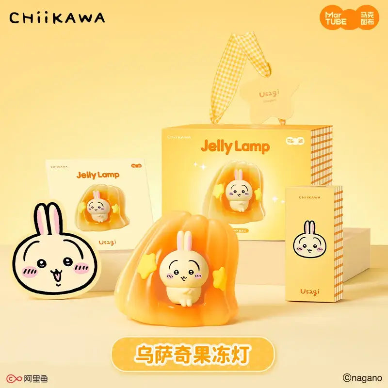 Orange translucent jelly-shaped led night lamp featuring a cute white chiikawa usagi rabbit with pink cheeks and stars