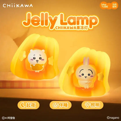Yellow chiikawa usagi jelly lamp kawaii with translucent gelatinous shapes and cute cartoon characters for soft ambient atmosphere light