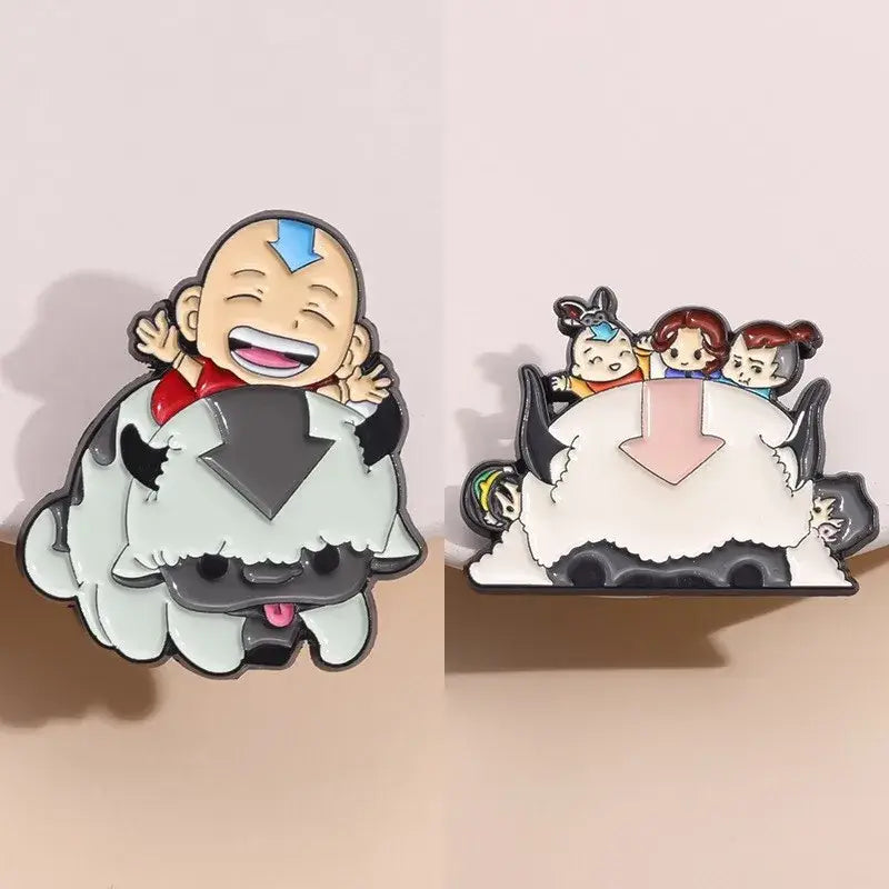 Charming enamel pin set featuring aang joyfully riding appa with the avatar team on their back in vibrant colors