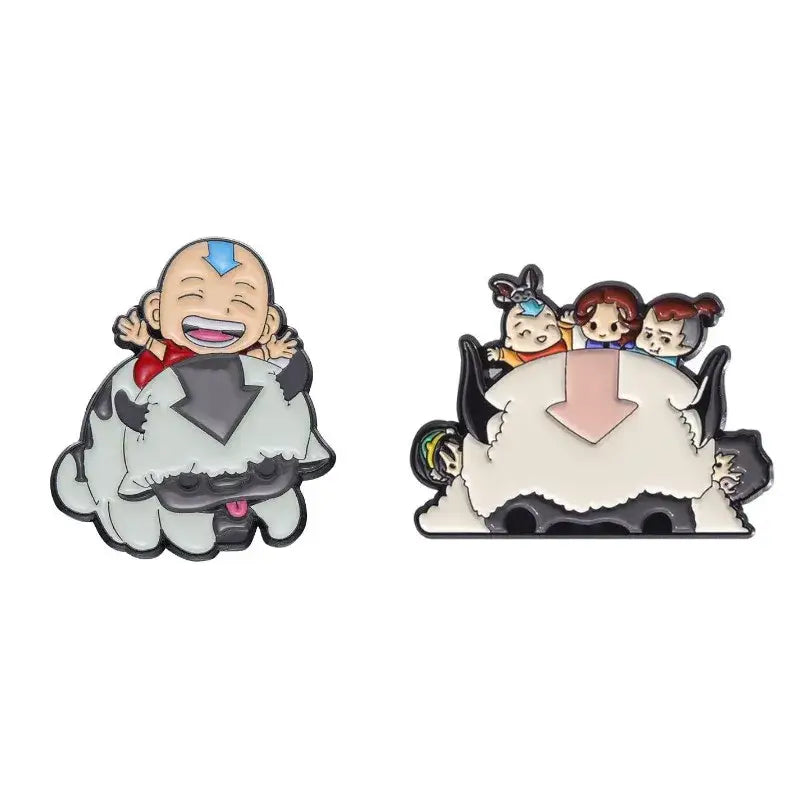 Two collectible enamel pins featuring avatar the last airbender characters on appa with blue arrow tattoo cartoon cattle design