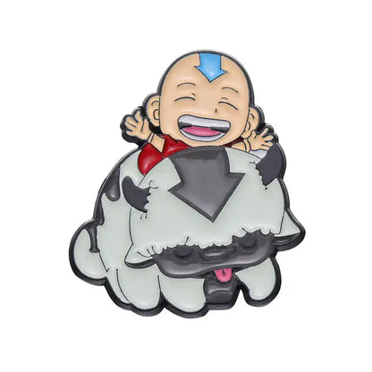 A cheerful cartoon aang enamel pin featuring a bald boy with a blue arrow hugging a black and white cartoon cattle creature