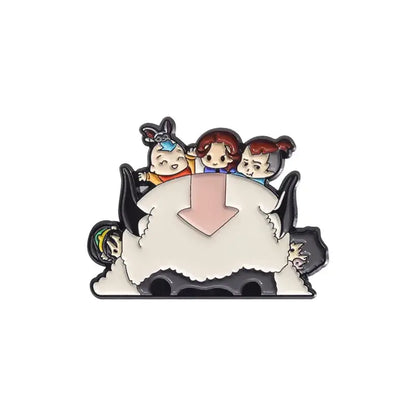 Colorful enamel pin featuring avatar the last airbender characters riding appa with a pink arrow, cowboy bebop spike spiegel badge