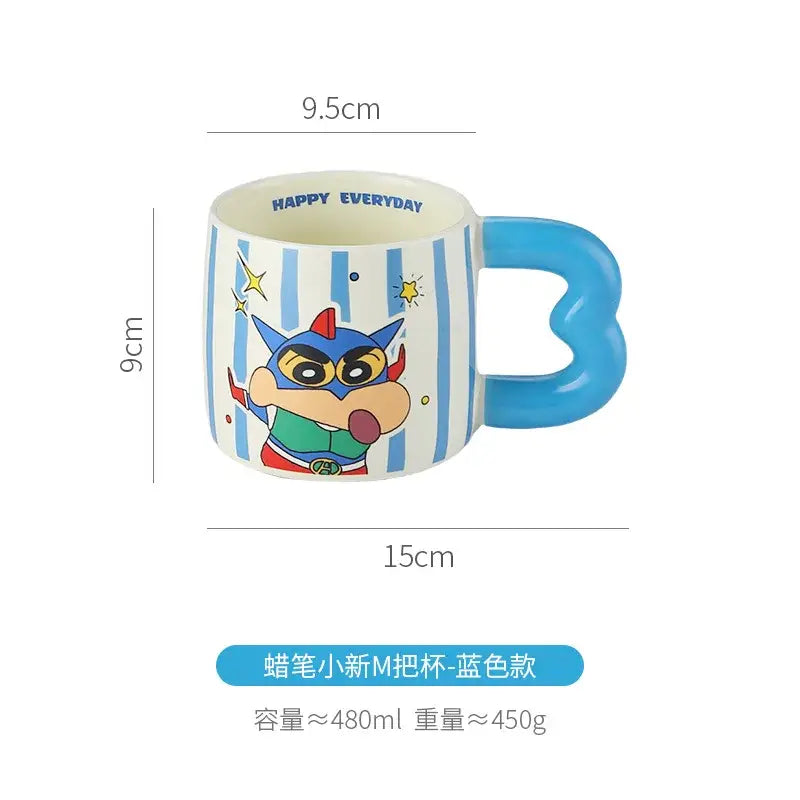Crayon shin-chan blue and white striped ceramic mug with handle featuring cartoon character in red hat and superhero mask