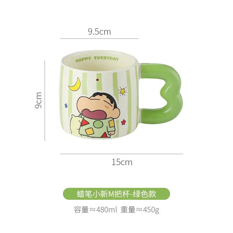 Green ceramic mug with shin chan cartoon character and heart-shaped m-handle ceramic mug design