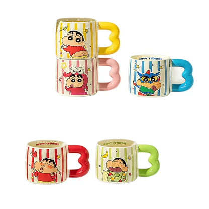 Ceramic mug featuring shin chan with colorful stripes and a heart-shaped handle in crayon shin-chan design