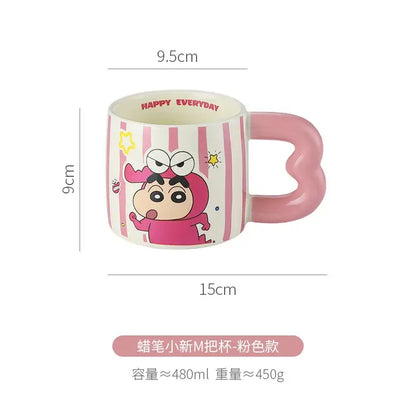Pink heart-shaped handle ceramic mug featuring shin chan cartoon in pink with white stripes and happy everyday text