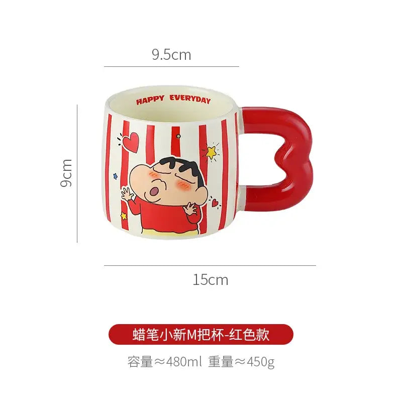 Red ceramic shin chan mug with heart-shaped handle and vertical stripes featuring cartoon character design
