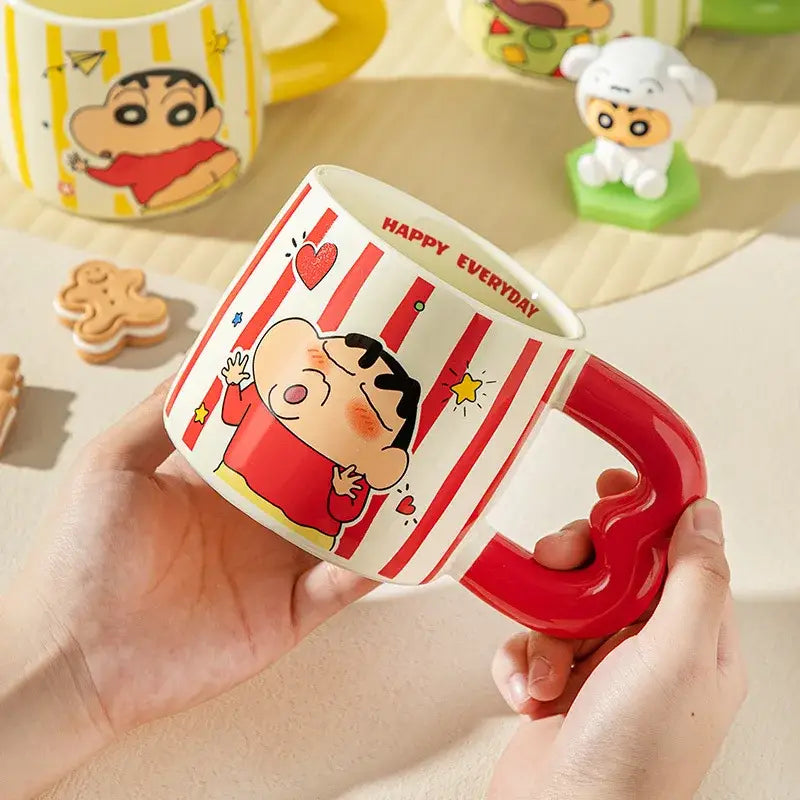 Red and white striped ceramic mug featuring shin chan cartoon character and heart-shaped m-handle ceramic handle