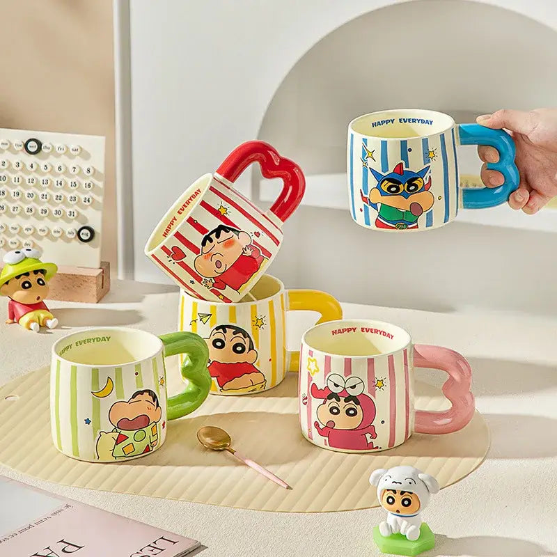 Set of colorful shin chan ceramic mugs with m-handle featuring heart-shaped and uniquely colored handle ceramic designs