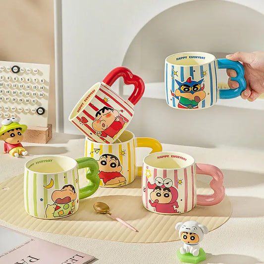 Set of colorful shin chan ceramic mugs with m-handle featuring heart-shaped and uniquely colored handle ceramic designs