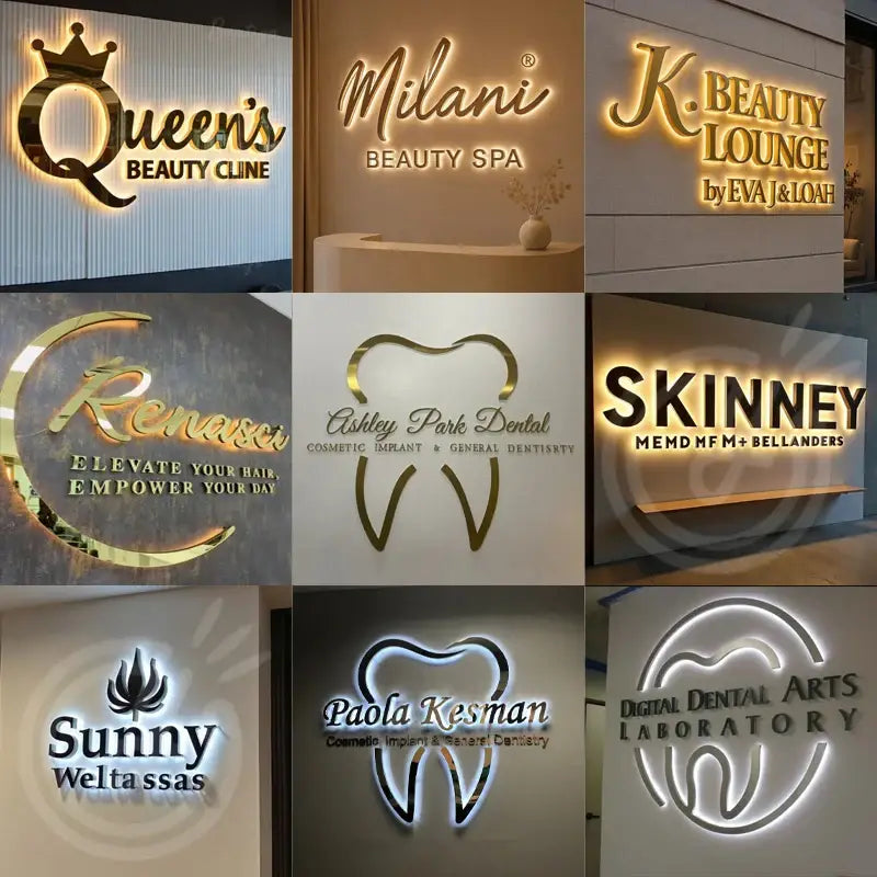 Glossy gold and white illuminated acrylic custom 3d led backlit sign with waterproof metal letters for beauty and dental clinics