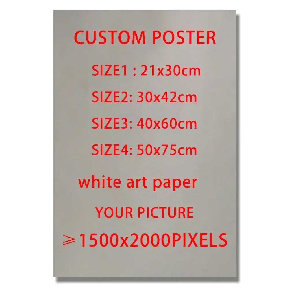 Custom anime game poster with red text on white matte art paper showing sizes and minimum resolution requirements